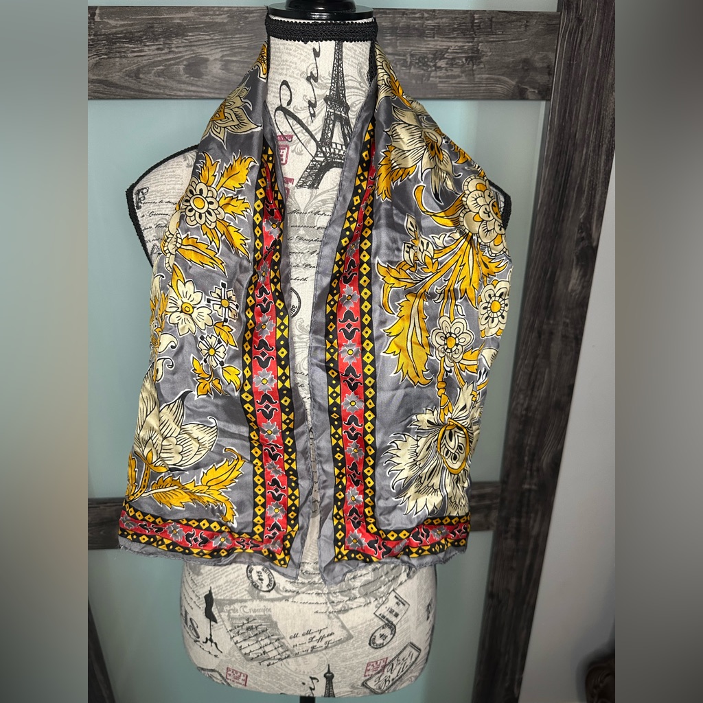 Grey Floral Patterned Silk Scarf With Red And Yellow Accents